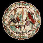 English Creamware Plates, Dutch Decorated, Prodigal Son, Scalloped Edge
Circa 1780-1800 Demi-flowerhead border within a scalloped molded edge