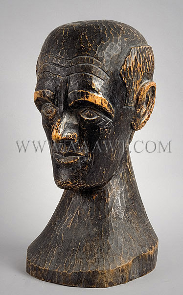 Antique Carved Bust, Man's Head, Black Paint, angle view
