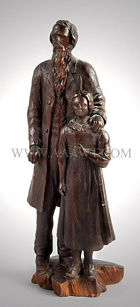 Antique Carving, Old Man and Girl Figure, angle view