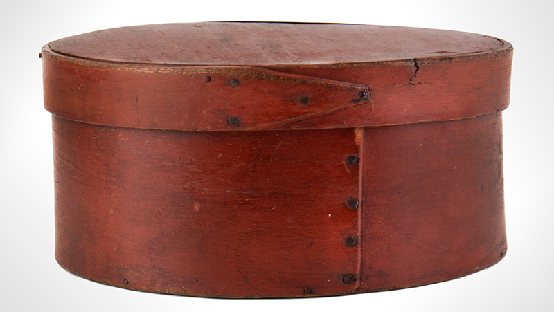 19th Century Round Bentwood Pantry Box, Original Paint
New England
Maple sides, pine top and bottom, lid features tapered finger, tack & peg joinery, entire view 2