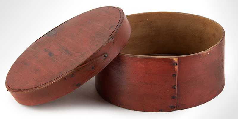 19th Century Round Bentwood Pantry Box, Original Paint
New England
Maple sides, pine top and bottom, lid features tapered finger, tack & peg joinery, entire view 3