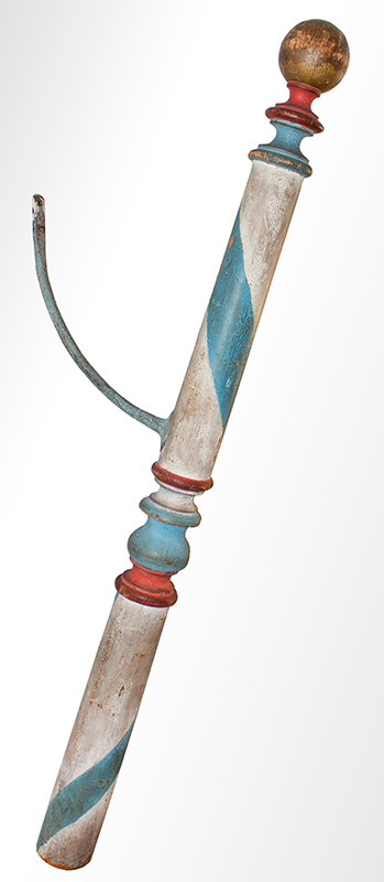 Antique Barber Pole, Turned Wood, Historic Paint and Iron Hanger, Circa 1870-1910, entire view