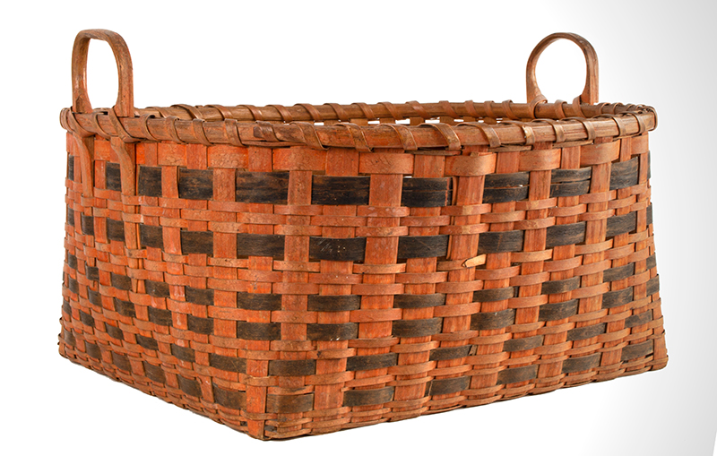 Antique Work Basket in Original Bittersweet and Black Paint, Ash Splint, Carved & Notched Handle
New England, Possibly Maine, 19th Century, entire view 2