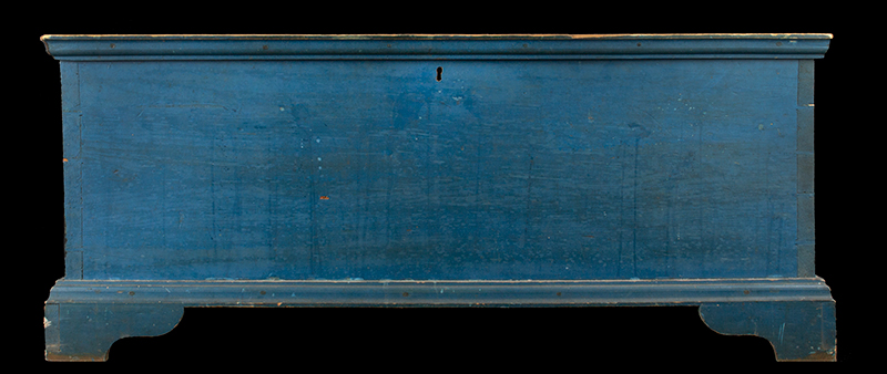 Antique Blanket Chest, Shaker, Original Blue Paint Found Near Watervliet, New York, Circa 1830-1850 Eastern white pine, entire view 1