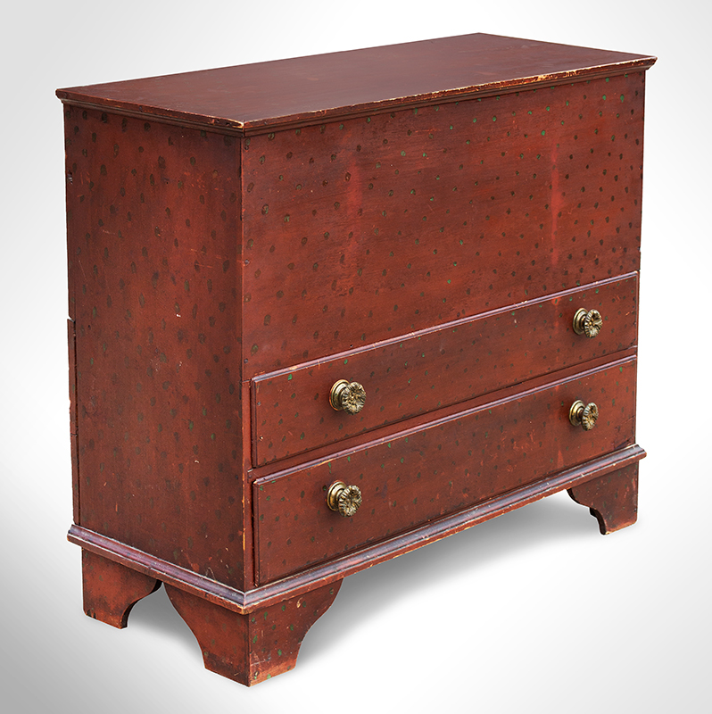 19th Century Paint Decorated Blanket Chest, Original Condition
New England, circa 1810-1825
White pine (Height: 37.25''; width: 42.5''; depth: 17.25'')
Green polka dots on red ground, dry patina, original hardware, entire view 1