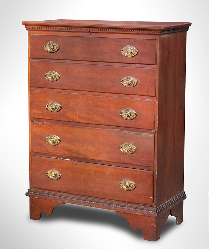 Antique Cherrywood Lift Top Chest, Blanket Chest Above Three Drawers
Rare dental molding, original surface and hardware, outstanding base
Connecticut, Circa 1800, entire view 1