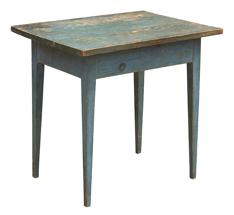 Antique Hepplewhite Worktable in BLUE Paint
New England, circa 1790-1820
Pine, rosehead nails, pegged top, all about the color, entire view 1