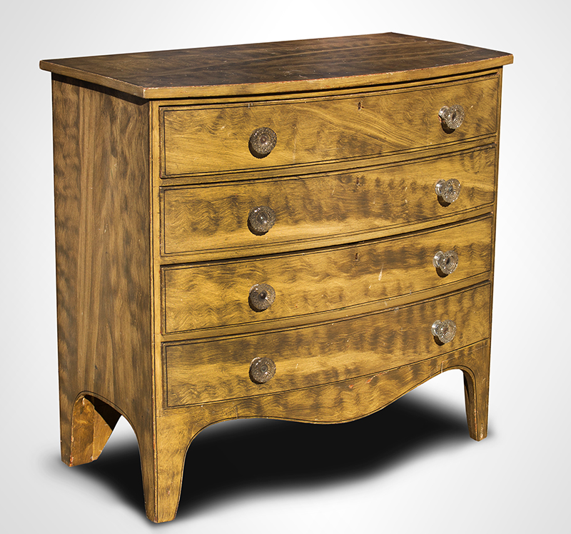 Antique Bow Front Chest of Drawers
Grain Painted Hepplewhite Bowfront 
New England, circa 1800
Fancy Period Faux Graining, entire view
