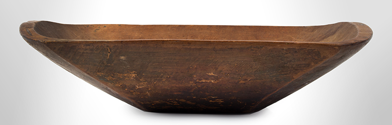 19th Century New England Trencher, Treen Chopping Bowl 
Maple, circa 1840
Carved oblong form, strong traces of olive/apple green paint and grunge patina, entire view 2