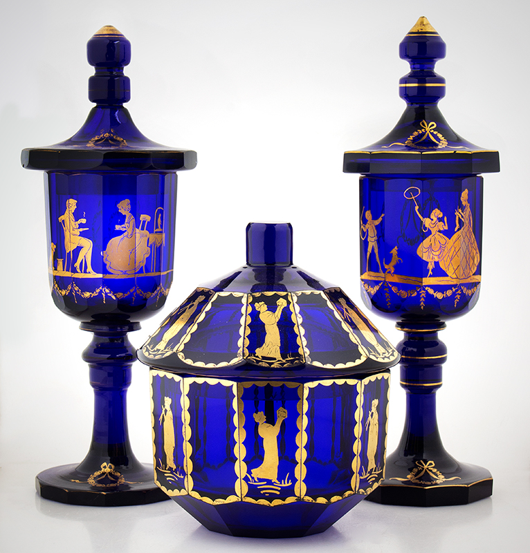 Antique Cobalt Glass,
Pedestal Lidded Apothecary/Candy Jars & Covered Candy Dish 
Unknown Maker, Assembled, 19th Century, group view