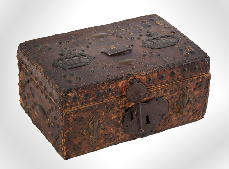 17th Century Leather Bound Trunk, Brass Studs, Crowns, Fleur de Lis 
Probably French, entire view 1