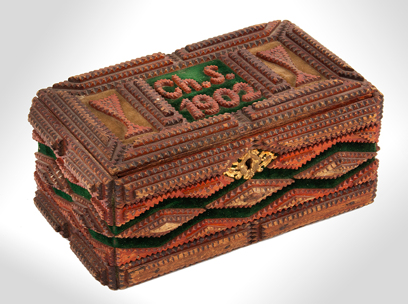 Tramp Art, Lidded Box, 1902, Cigar Box Mahogany, Stepped Pyramid Designs, entire view 1