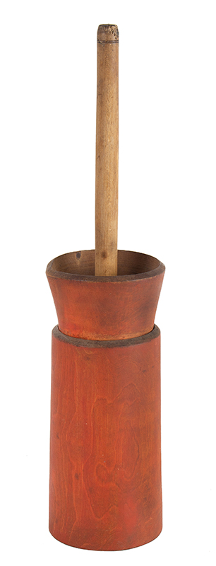 Antique Butter Churn, Tabletop, Treen, Two Piece & Dasher, Original Red
American, 19th Century, entire view 1