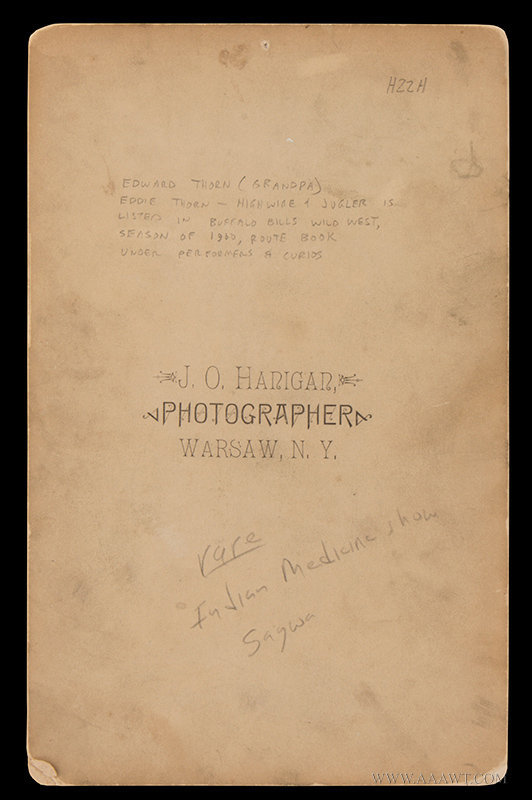 Cabinet Card, Indian Medicine Show, Sagwa; Cure All Product!
Back marked, J. O. Hanigan / Photographer / Warsaw, N.Y., back view