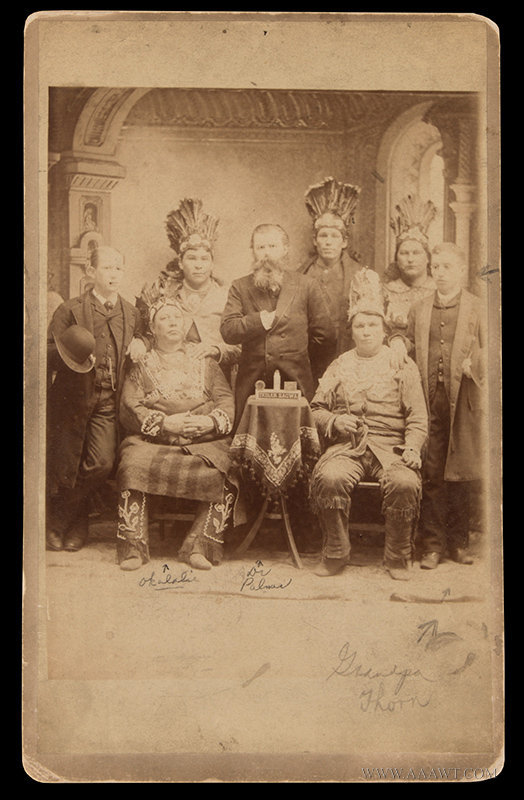 Cabinet Card, Indian Medicine Show, Sagwa; Cure All Product!
Back marked, J. O. Hanigan / Photographer / Warsaw, N.Y., entire view