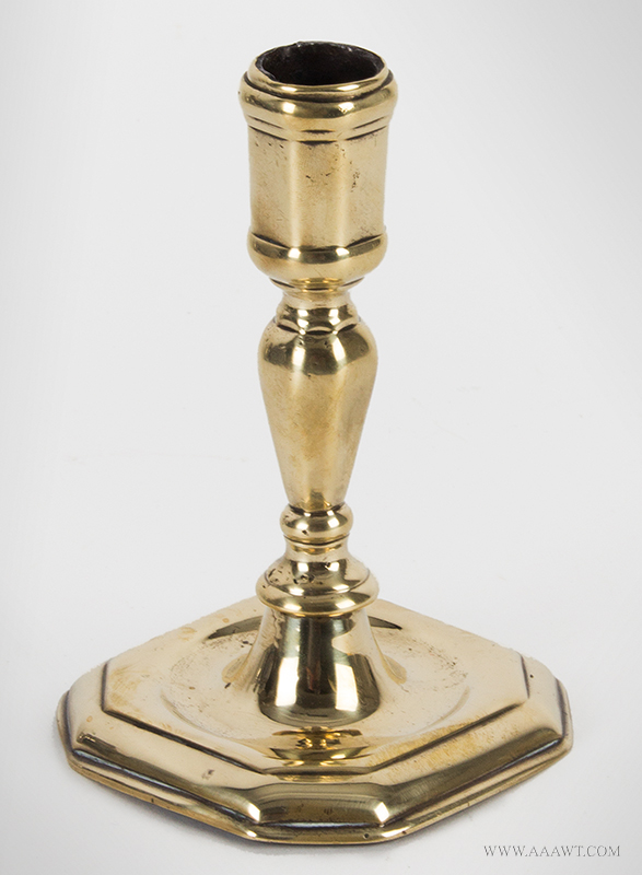 Early 18th Century Brass Candlestick, Faceted Nozzle, Solid Cast Stem, Pricket Hole
