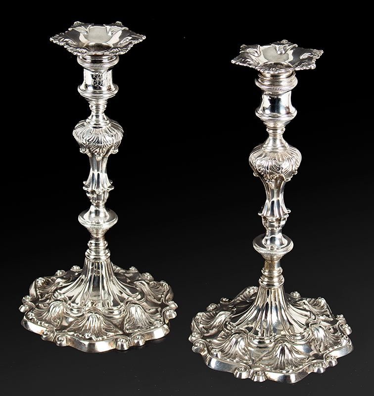 Antique Silver Candlesticks, Outstanding Pair by John Priest, London, 1759
Cast, stylized, six shell bases, stems featuring acanthus leaf knops, entire view 1