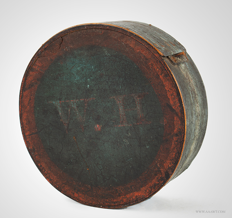 Canteen, Cheese Box, Original Blue & Salmon Paint, Initialed W.H., Leather Sling Straps New England, Circa 1810, entire view
