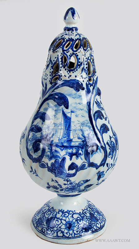 Delft Blue & White Sugar Caster, Faience Sugar & Cinnamon Shaker, Muffineer Found in the Netherlands on French Border, 18th Century, entire view 1
