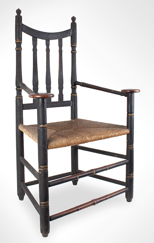 18th Century Banister Back Armchair, Large Mushrooms Handholds
Probably Connecticut
Maple and Ash, old black paint, dry sugary surface, entire view 1