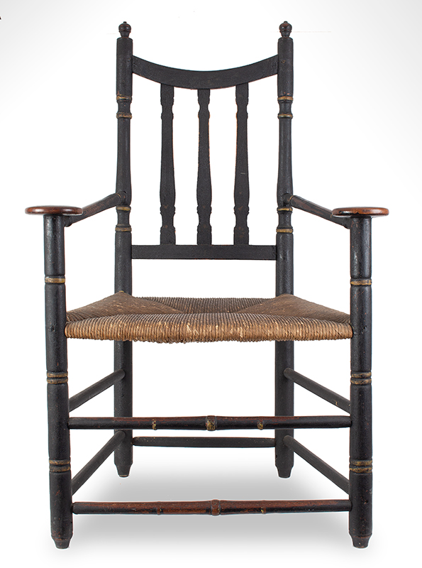 18th Century Banister Back Armchair, Large Mushrooms Handholds
Probably Connecticut
Maple and Ash, old black paint, dry sugary surface, entire view 2