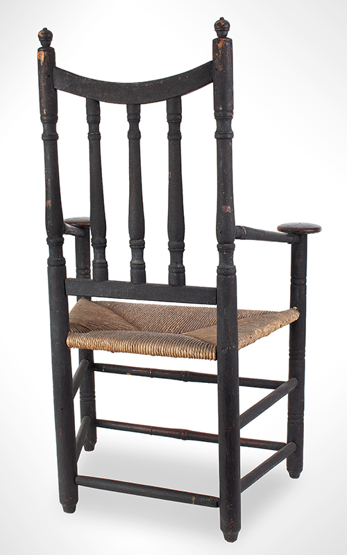 18th Century Banister Back Armchair, Large Mushrooms Handholds
Probably Connecticut
Maple and Ash, old black paint, dry sugary surface, entire view 5