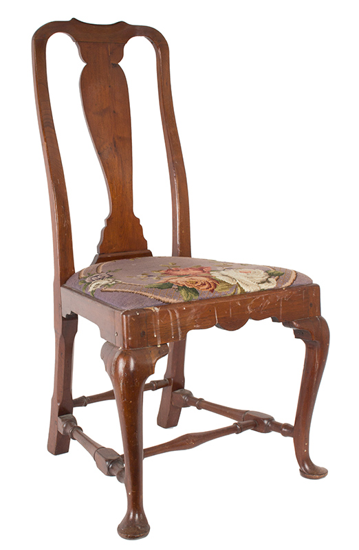 Queen Anne Maple Side Chair with Embroidered Seat Rhode Island, circa 1730 – 1760, angle view