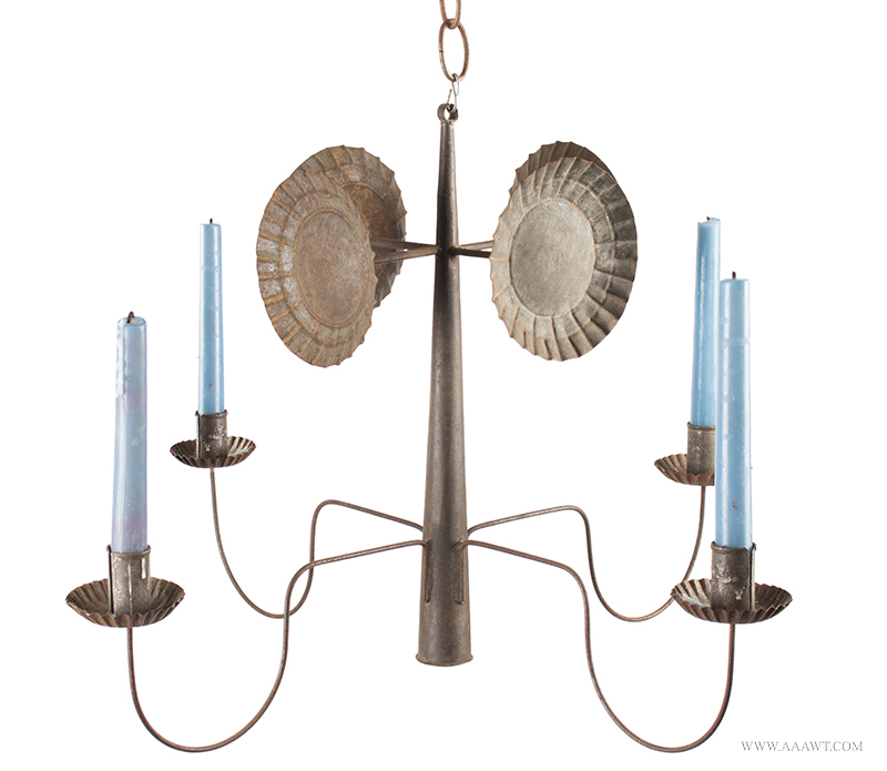 Tin Chandelier, Simple and Elegant Four-light with Crimped Reflectors, New Hampshire, 1820s Mason, New Hampshire, entire view