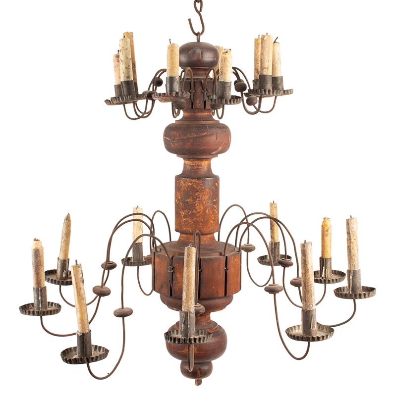 Antique Chandelier, 20 Candle Sockets, Two Tier, Original Red Painted Surface
Unknown Maker, Circa 1780, entire view 1