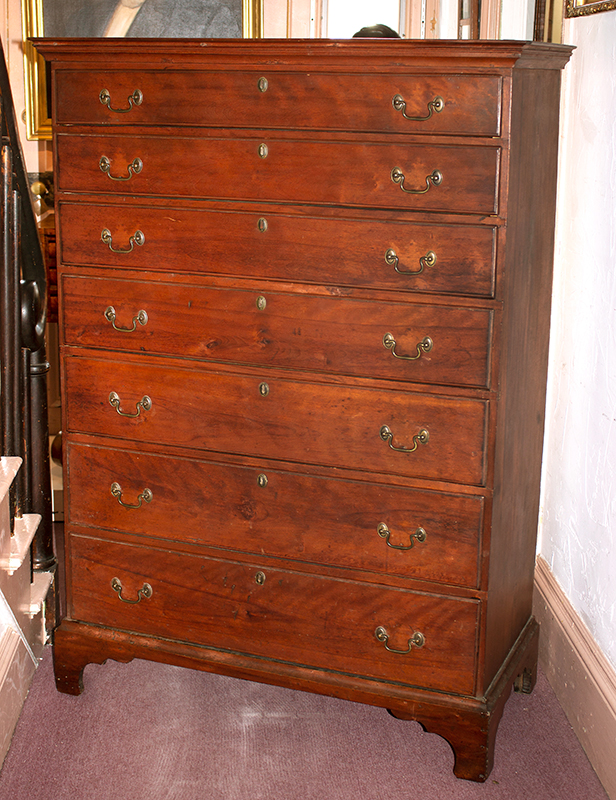 Antique 7 Drawer Chippendale Tall Chest, Bracket Feet
New England, Circa 1780
Figured cherry and white pine, entire view