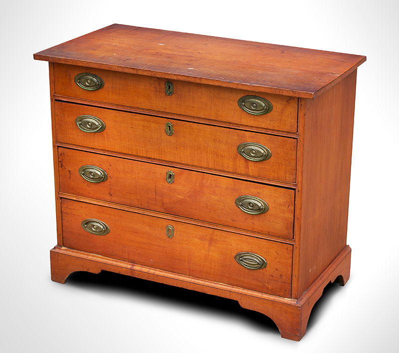 Antique Chest of Drawers, Hepplewhite, Original Hardware & Red Stain
New England, found in Maine, circa 1800
Maple with some figure, original red stain, entire view