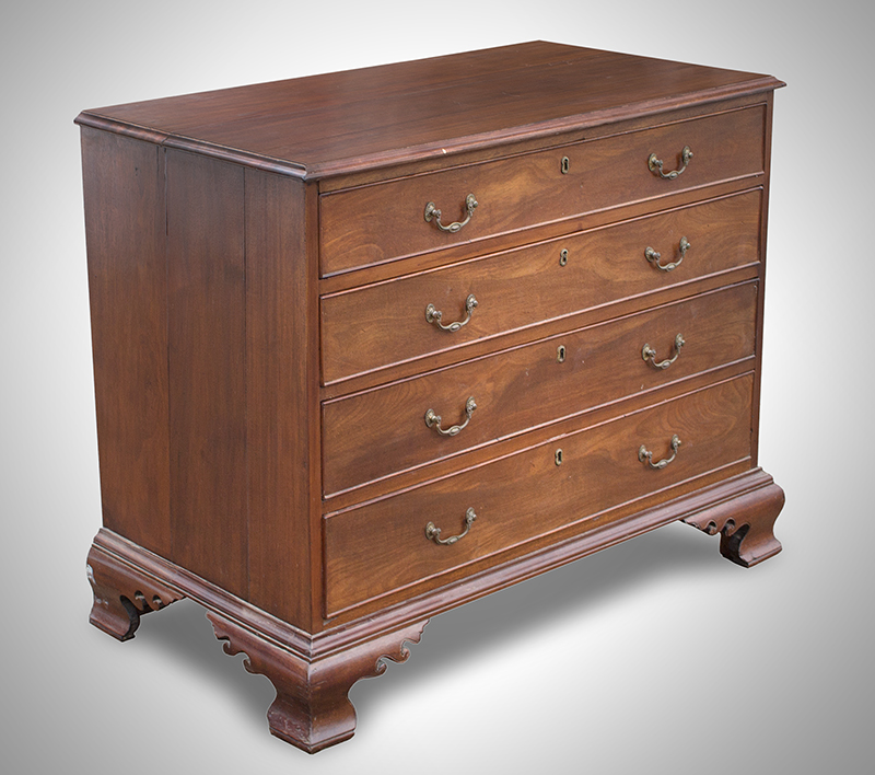 Connecticut Four Drawer Chest,
Great Ogee Feet, Double Scrolled Returns
Likely Colchester, Circa 1770-1790, entire view