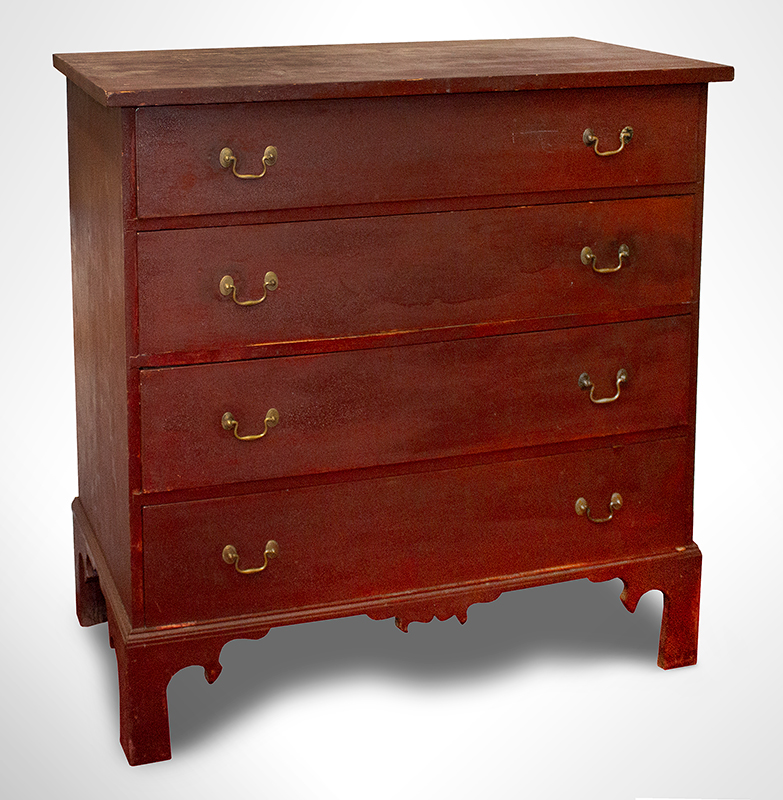 Period Country Chippendale Four Drawer Chest in Red
Maine, circa 1800 (Found in Buckfield, Maine)
Maple, birch, and eastern white pine, entire view 1