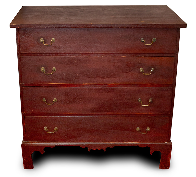 Period Country Chippendale Four Drawer Chest in Red
Maine, circa 1800 (Found in Buckfield, Maine)
Maple, birch, and eastern white pine, entire view 2