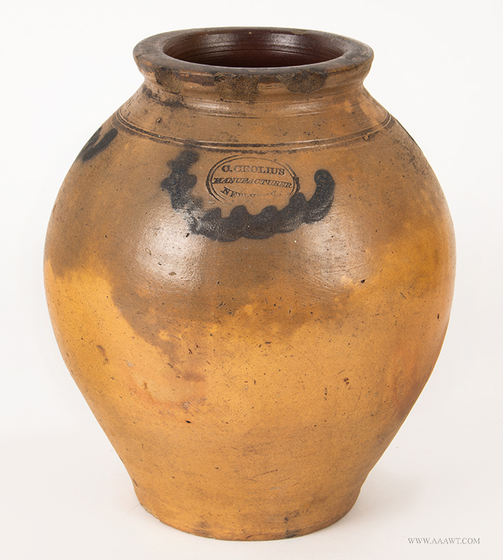Antique Stoneware Jug, Salt Glaze, Clarkson Crolius, Jr., Active 1835-1849
Impressed: C. CROLIUS – MANUFACTURER – NEW YORK, entire view