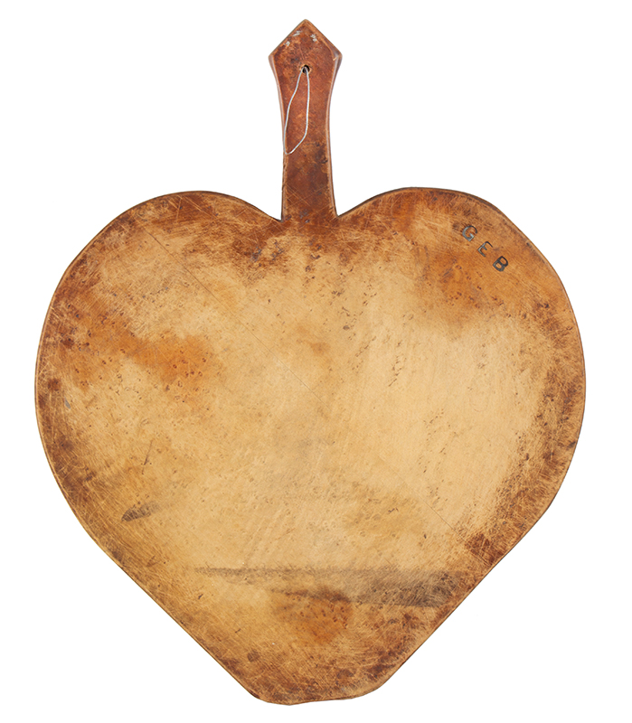 Antique Apple Shape Cutting Board, Birdseye Maple, Impressed “GEB”
Anonymous, 19th Century
Wonderful shape, handle terminus shaped like a turtle head, entire view 1