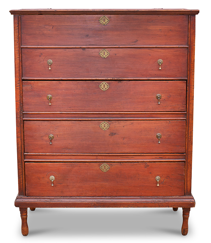 Antique Mule Chest, Deerfield or Hadley Joined Chest Over Drawers 
Connecticut River Valley, Hatfield, Deerfield and Hadley Area, circa 1735-1755
Maple and Hard Pine, entire view 1