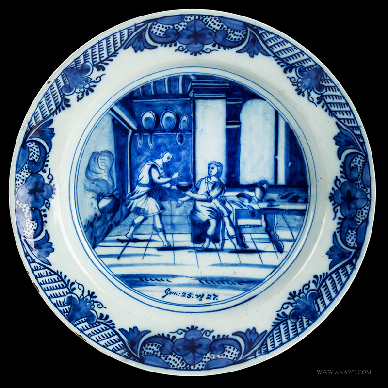 Delft Charger, Jacob and Esau, Blue and White Biblical Dishes, 18th Century, entire view
