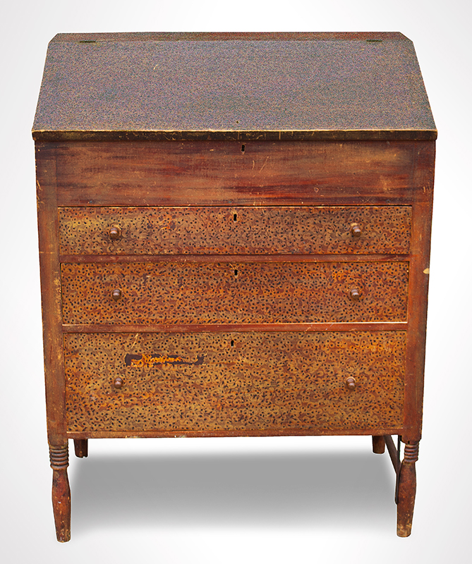 19th Century Vermont Paint Decorated Standup Desk, Original Condition
Circa 1825
Maple, basswood, and white pine, entire view 1