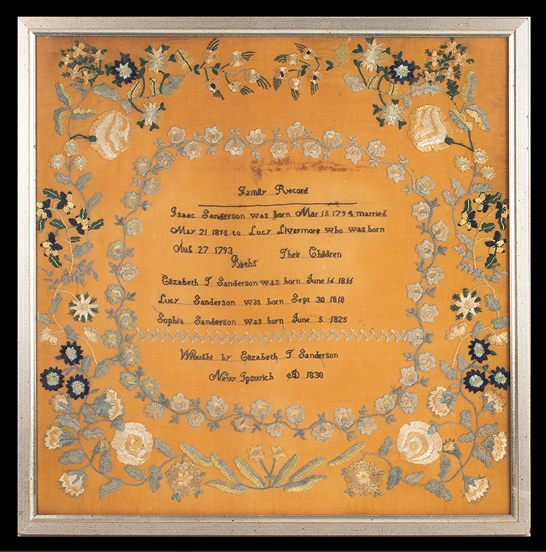 Needlework, Family Record, Floral, New Hampshire, New Ipswich, 1830 Wrought by Elizabeth T. Sanderson, New Ipswich, AD 1830 Silk floss on fine linen, entire view