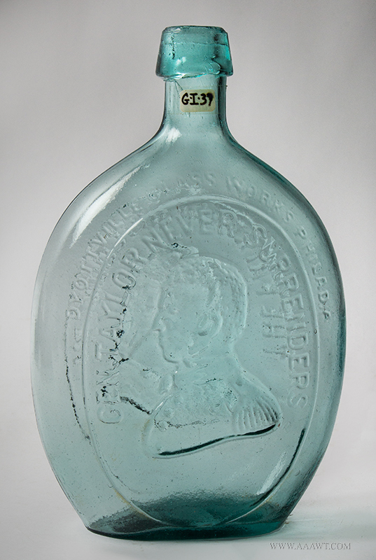 Taylor Quart Flask, Portraits, Washington and Taylor, GI-37 Dyottville Glassworks, Philadelphia, Pennsylvania, Circa 1860 , entire view