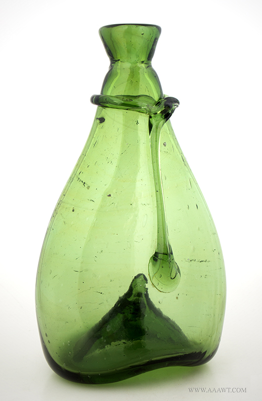 Late Persian Blown Saddle Flask, Light Apple Green, 19th Century, entire view
