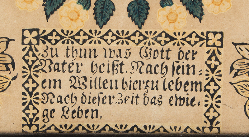 Antique Fraktur, Scarce Woodblock Printed and Watercolor Form, Baptism, 1825
Anonymous, detail view 1