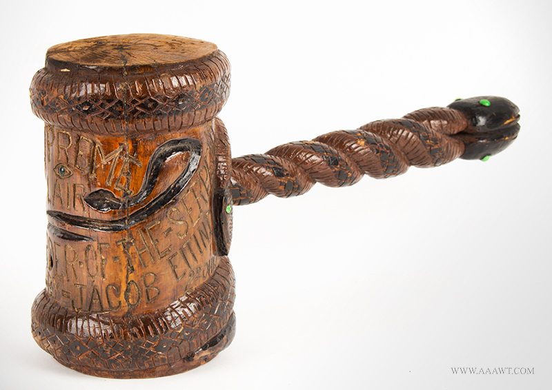 Folk Carved Mallet, 
Military Order of the Serpent – Supreme Liar – Company K, 2D Ohio
Presented by Jacob Eiting [Sergeant] (War with Spain, 1898-1899)
Early 20th Century, entire view