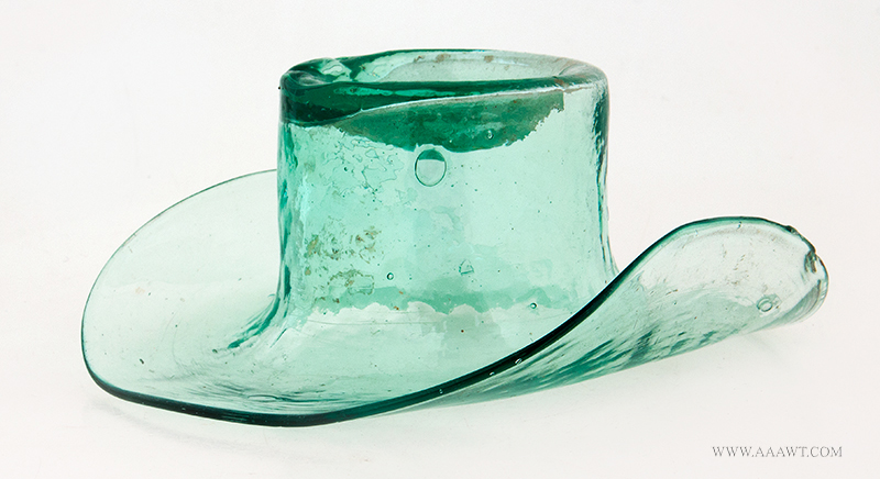 Blown Glass Whimsey, [or whimsy] Hat Form, Aqua, 2-Inch Anonymous, circa 1840-1870, entire view