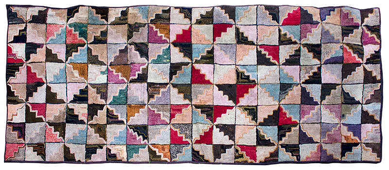 Antique Hooked Rug, A Lively Geometric Quilt Pattern
Unknown Maker, circa 1880-1920? 
Wool on burlap, entire view