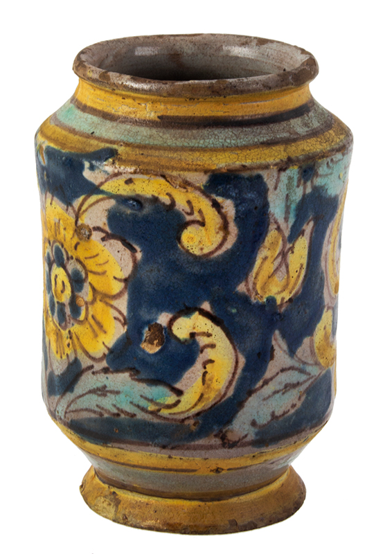 Early Sicilian Majolica Apothecary Jar, Albarello
Likely Caltagirone, Circa 1650-1750, entire view
