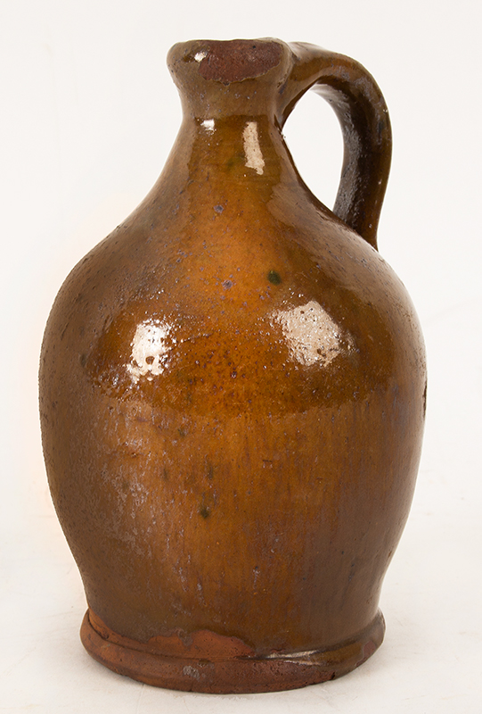 Antique Redware Jug, Smalls Size, Tall Neck, Tooled Spout & Foot
Possibly Vermont, Circa 1800-1840, entire view 1