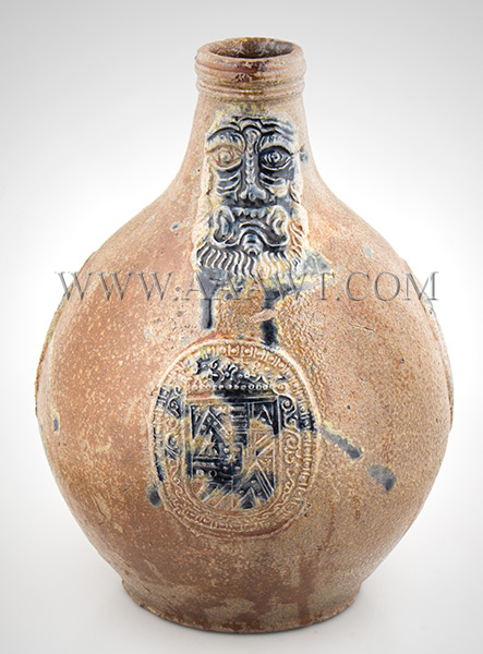 Antique Salt Glazed Stoneware Bellarmine Jug, Dated Seal, Brushed in Cobalt
Koln / Frechen, Germany, Dated 1648
A robust brown Bartman krug with three oval dated medalions and bearded mask, entire view 2
