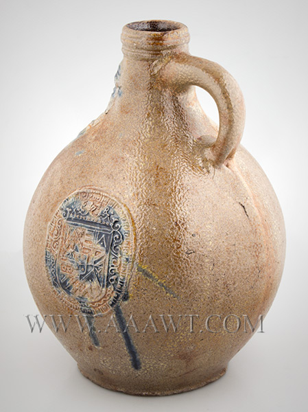 Antique Salt Glazed Stoneware Bellarmine Jug, Dated Seal, Brushed in Cobalt
Koln / Frechen, Germany, Dated 1648
A robust brown Bartman krug with three oval dated medalions and bearded mask, entire view 3